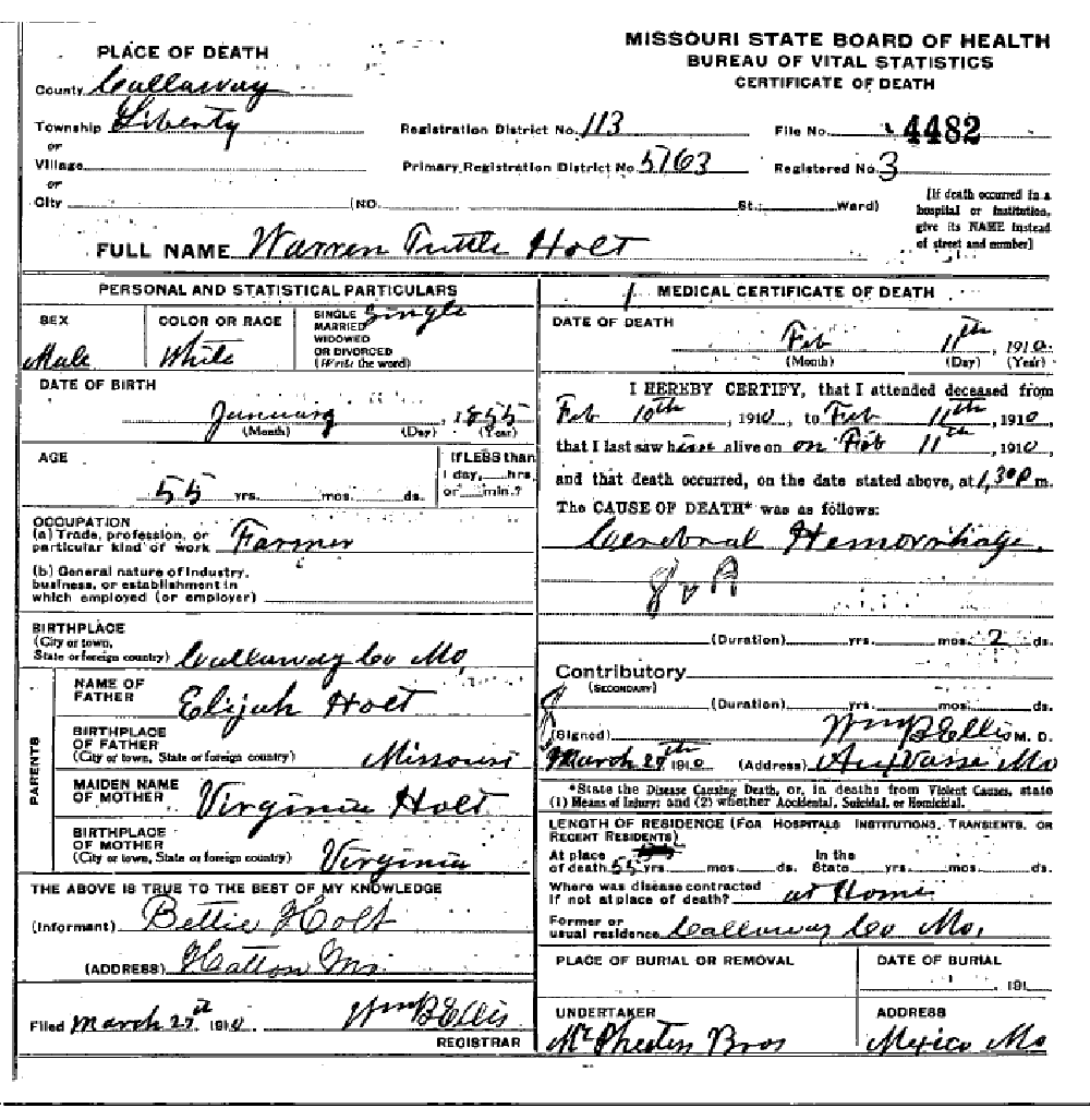 Death certificate of Holt, Warren Tuttle