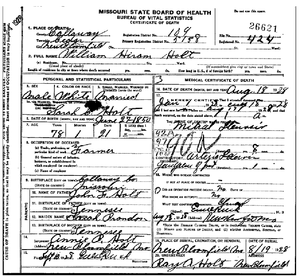 Death certificate of Holt, William Hiram