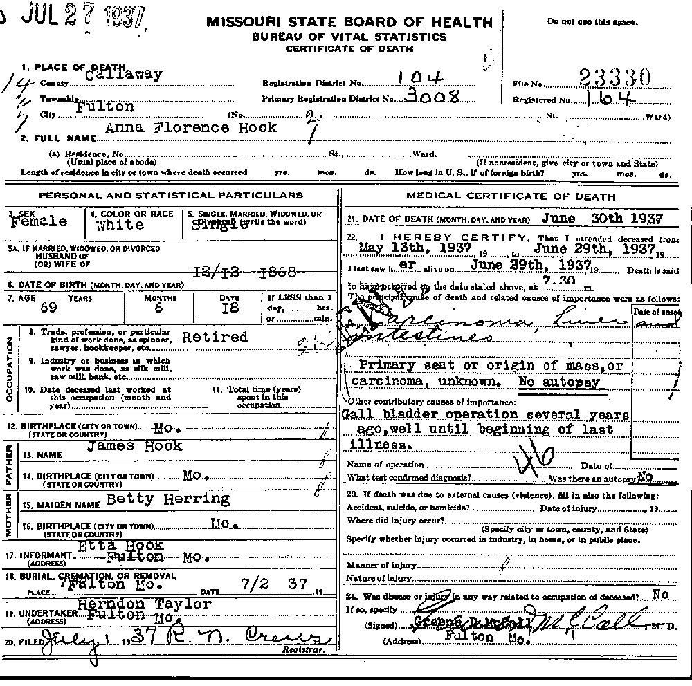Death Certificate of Hook, Anna Florence