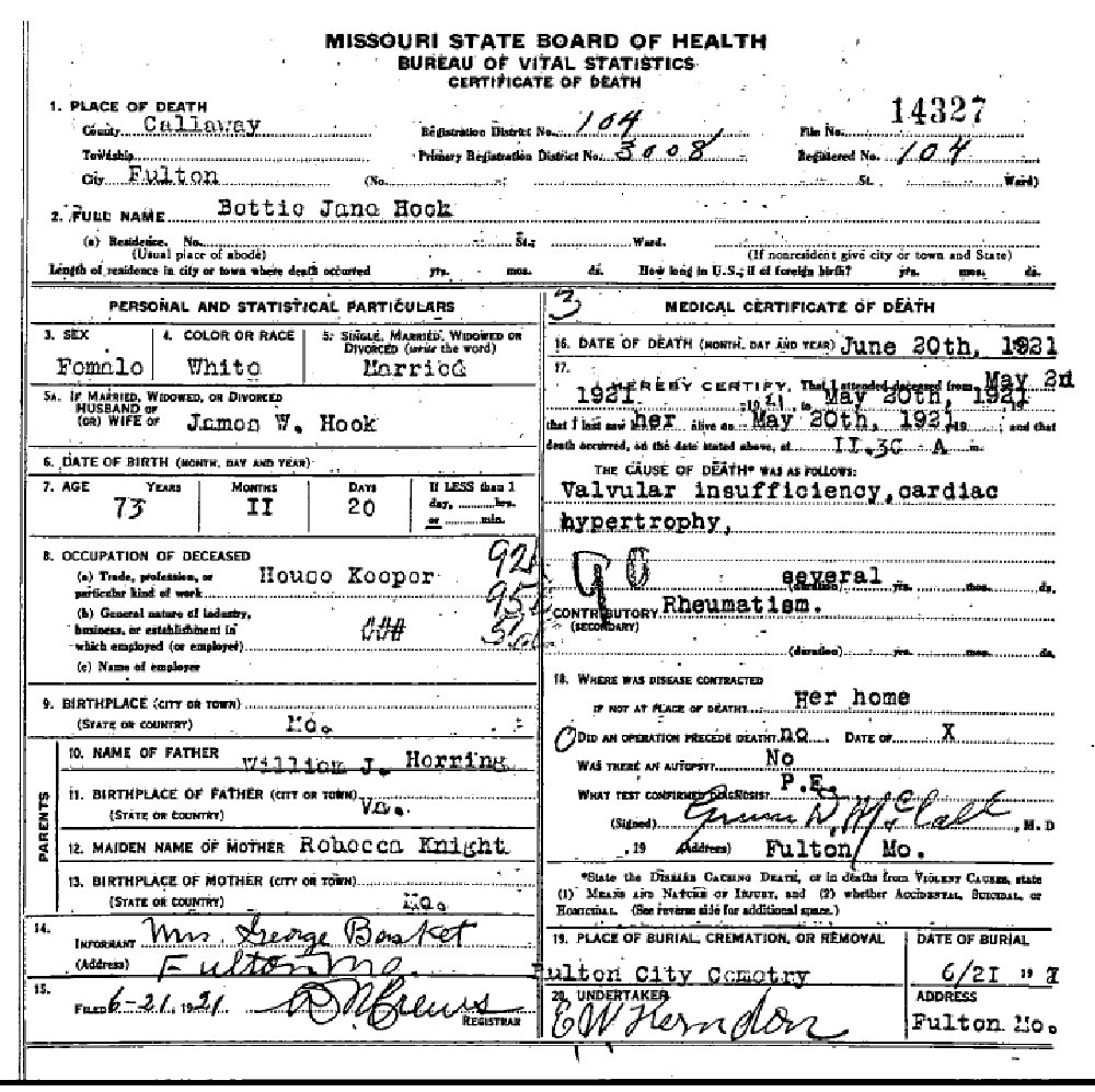 Death certificate of Hook, Elizabeth Jane "Betty" Herring