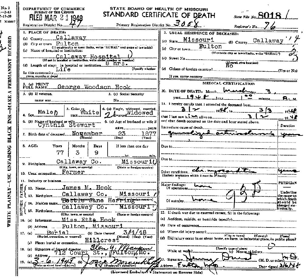 Death Certificate of Hook, George Woodson