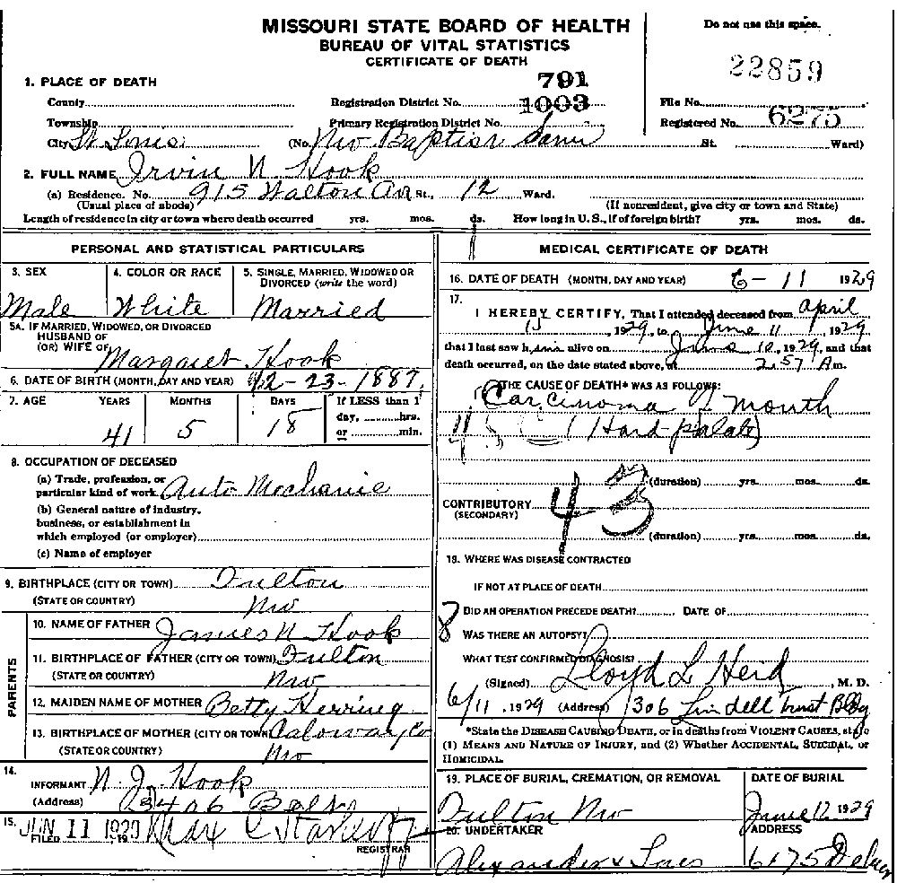 Death Certificate of Hook, Irvine N.