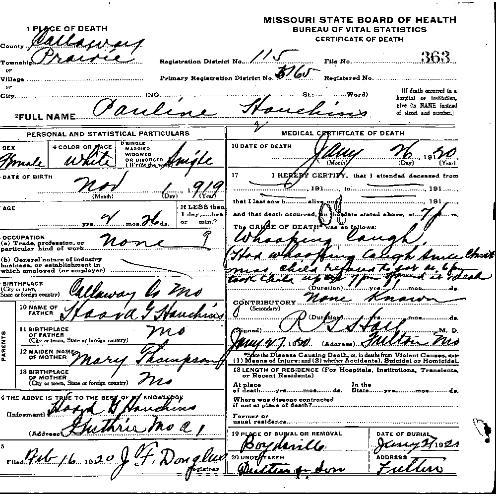Death Certificate of Houchins, Pauline