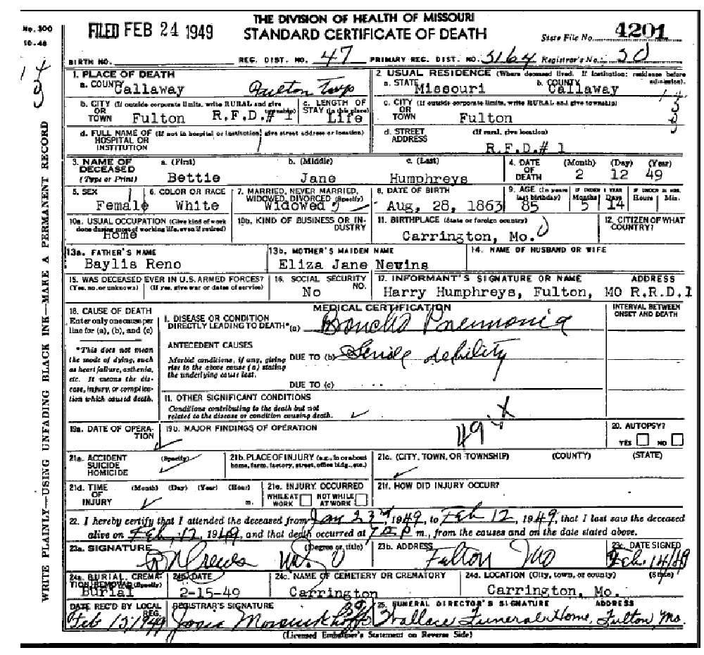 Death certificate of Humphreys, Betty Jane Renoe