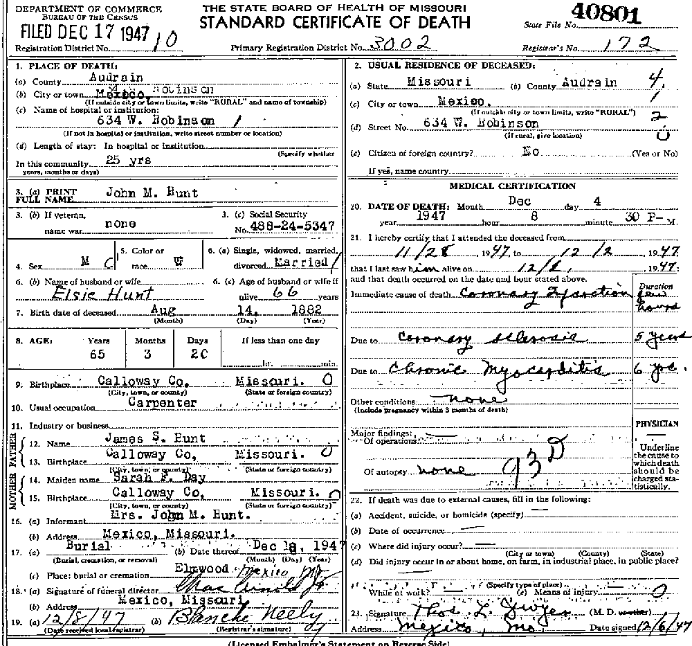 Death Certificate of Hunt, John M.