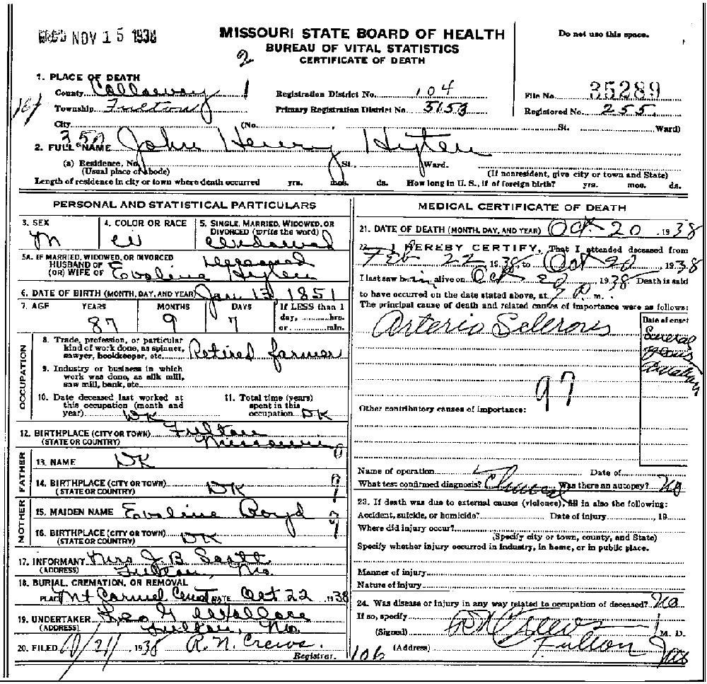 Death Certificate of Hyten, John Henry