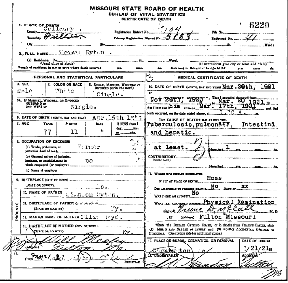 Death certificate of Hyten, Thomas