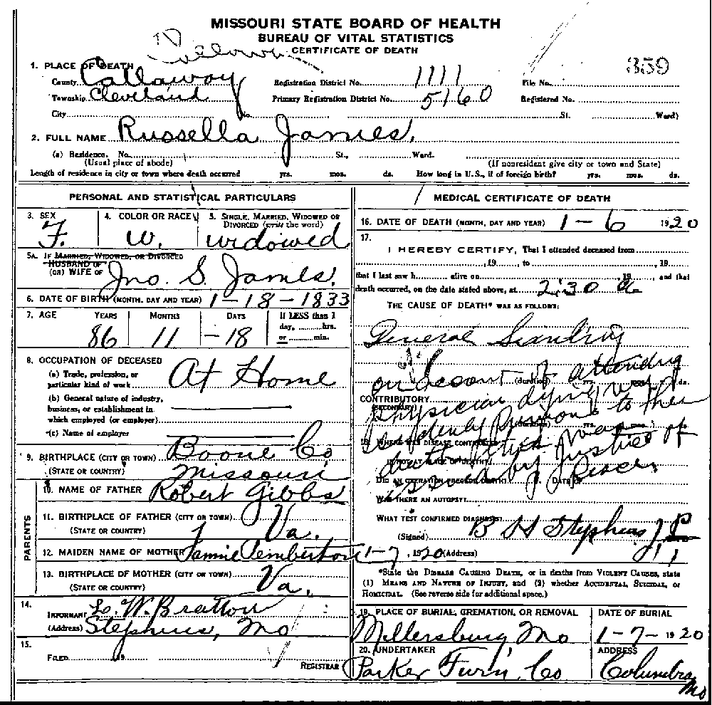 Death Certificate of James, Russella Gibbs
