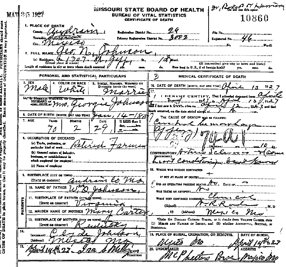Death Certificate of Johnson, George N.