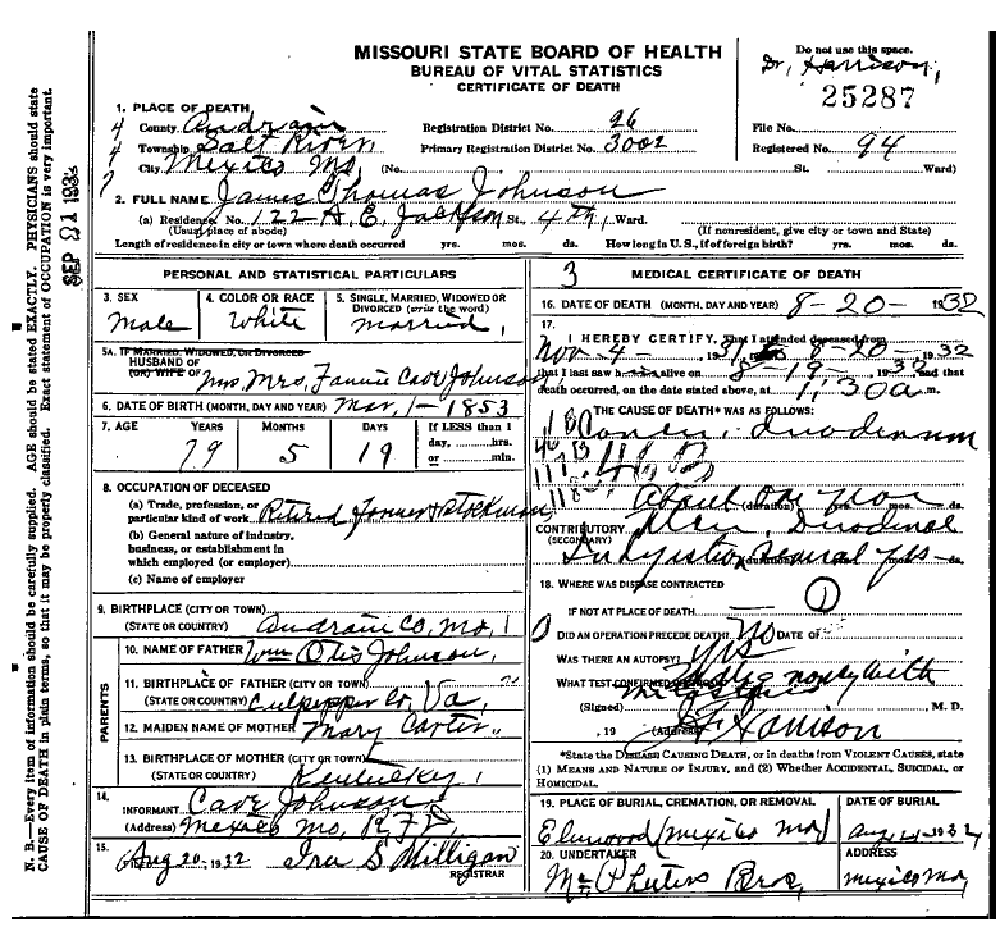 Death certificate of Johnson, James Thomas