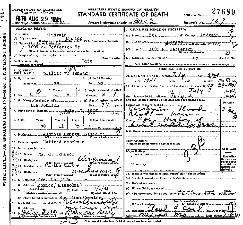 Death Certificate of Johnson, William Wiley