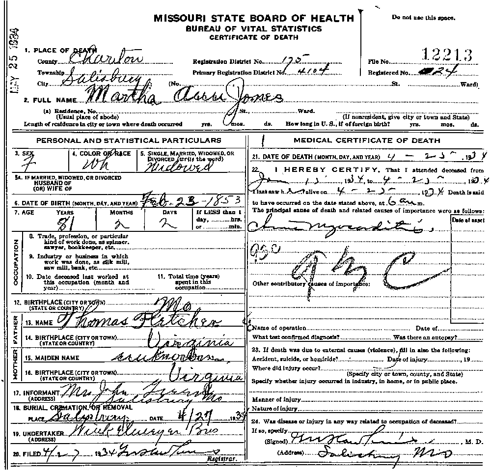 Death Certificate of Jones, Martha Ann Fletcher
