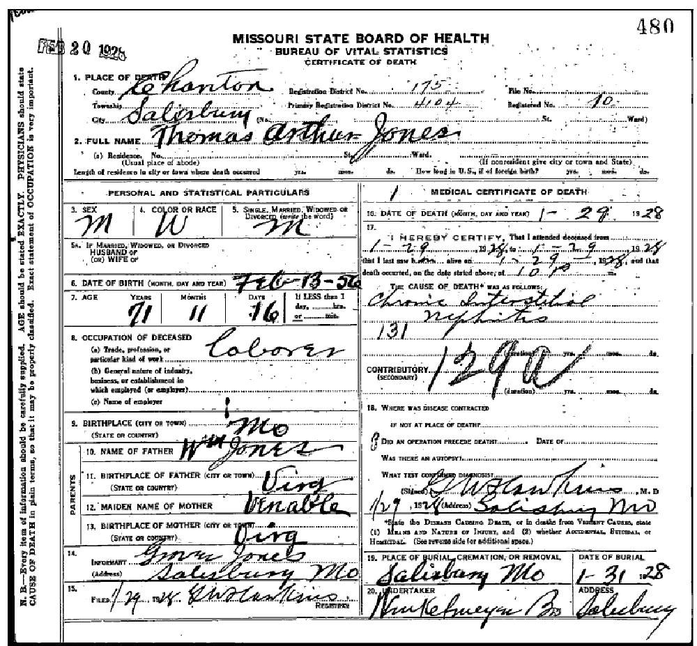 Death certificate of Jones, Thomas Arthur