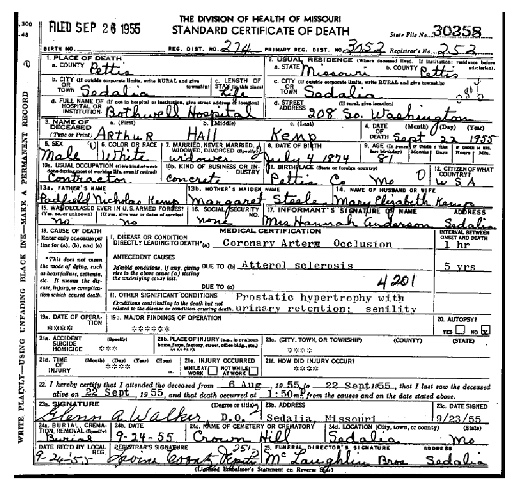 Death certificate of Kemp, Arthur Hall
