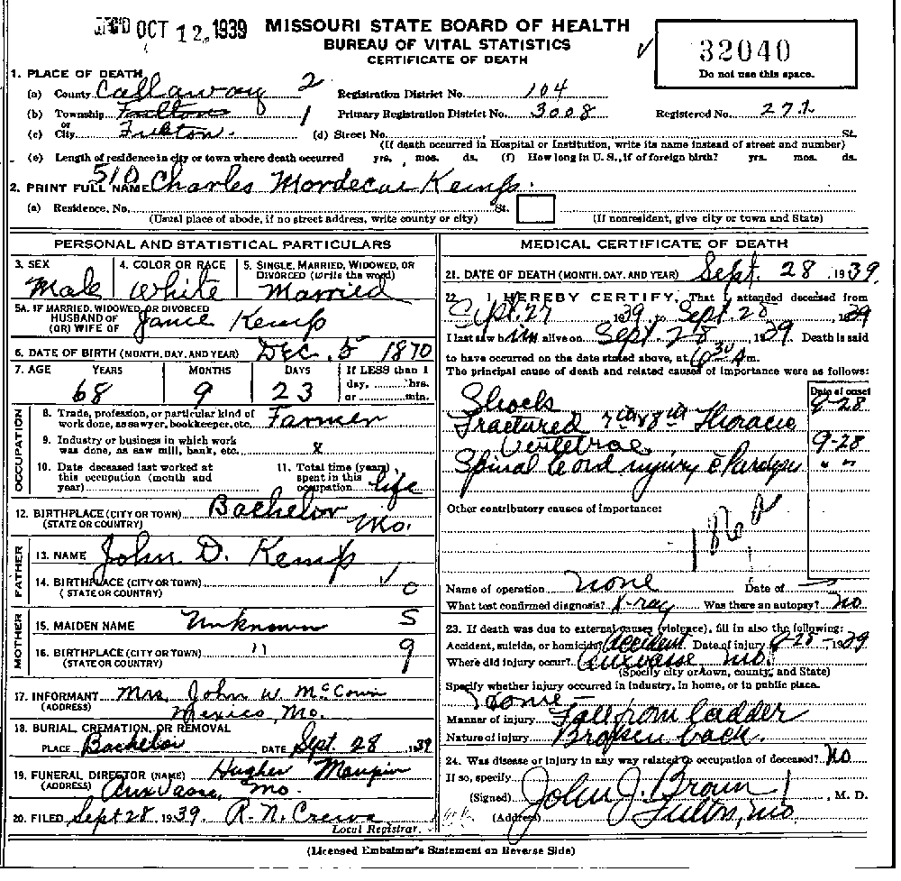 Death Certificate of Kemp, Charles Mordecai