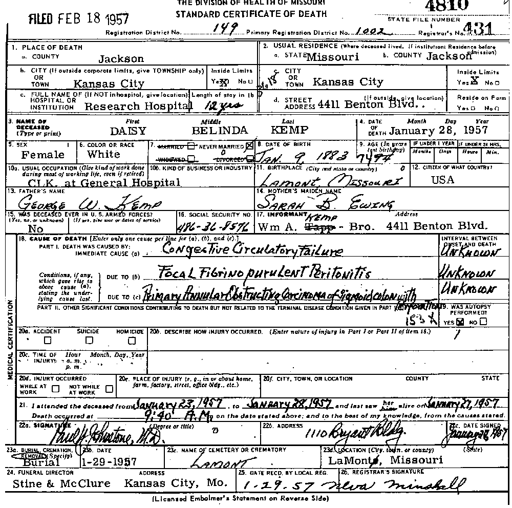 Death Certificate of Kemp, Daisy Belinda