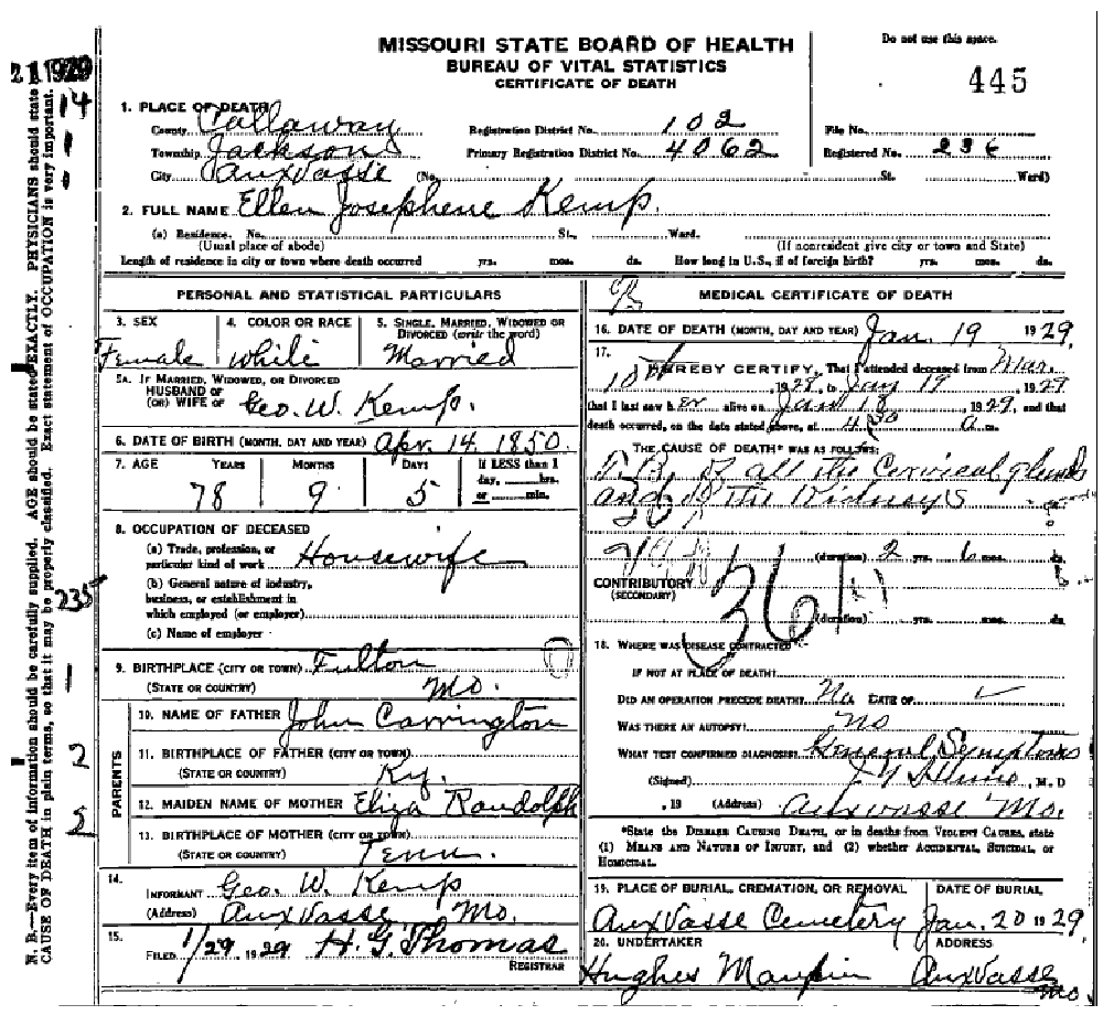 Death certificate of Kemp, Josephine Ellen Carrington