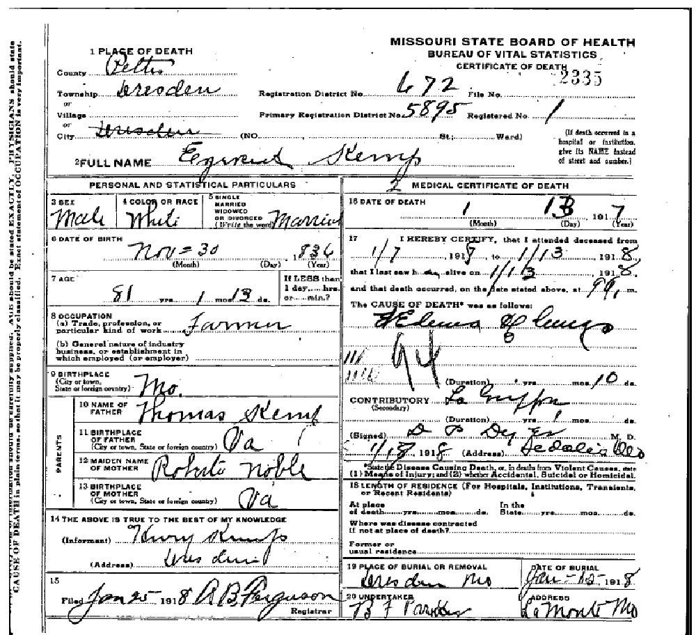 Death certificate of Kemp, Ezekial E.