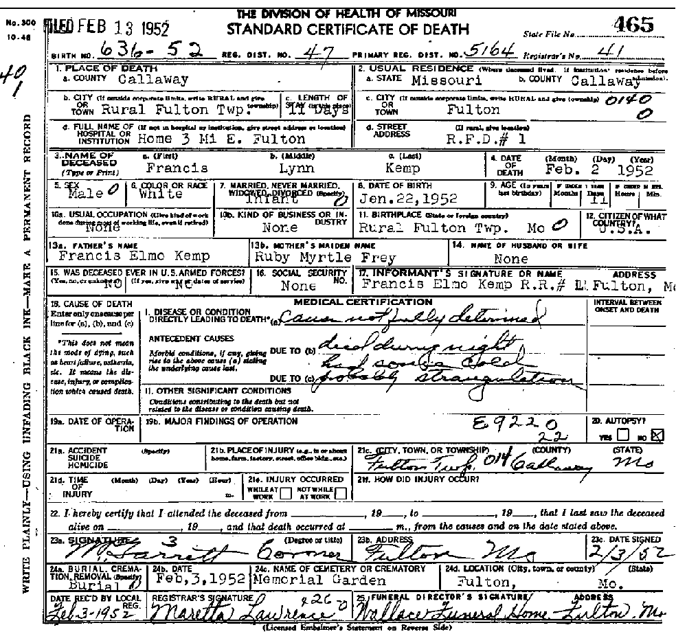 Death Certificate of Kemp, Francis Lynn