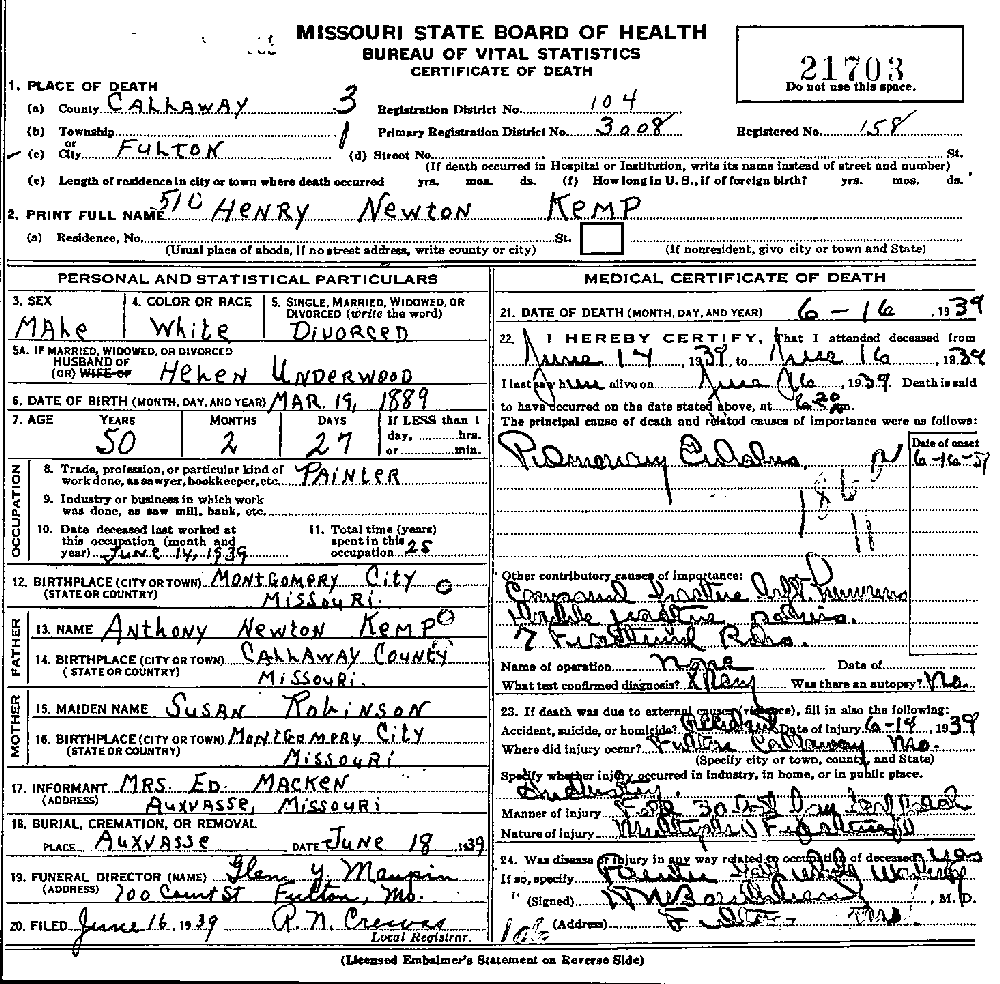 Death Certificate of Kemp, Henry Newton