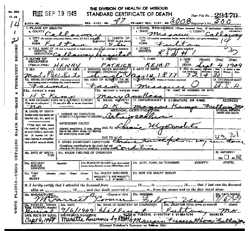 Death Certificate of Kemp, Henry Patrick