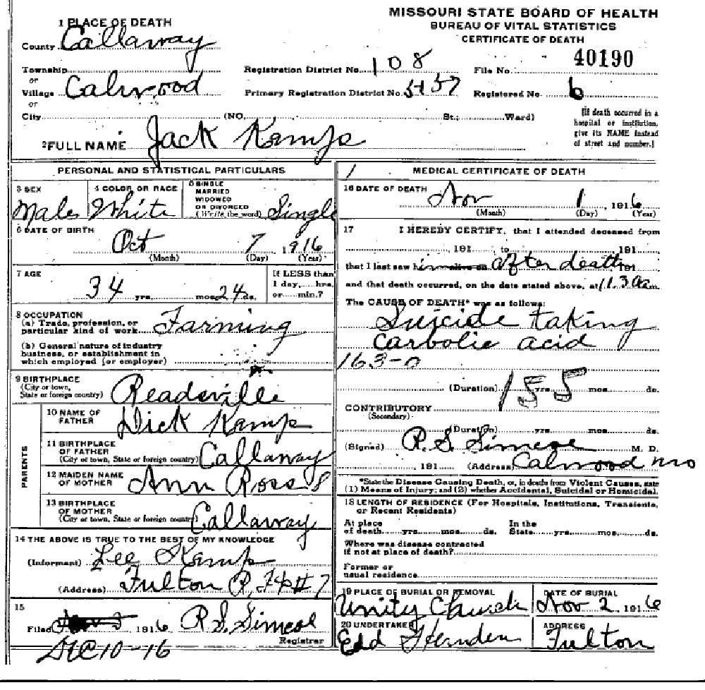 Death Certificate of Kemp, Price Jackson