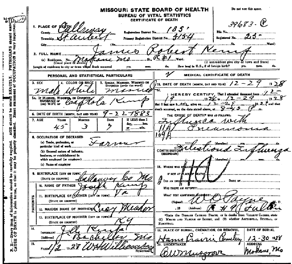 Death Certificate of Kemp, James Robert