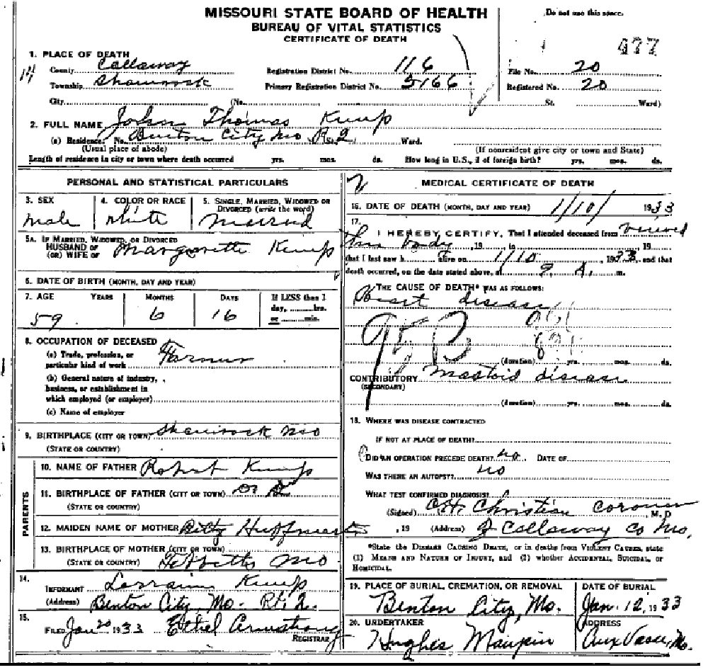 Death Certificate of Kemp, John Thomas