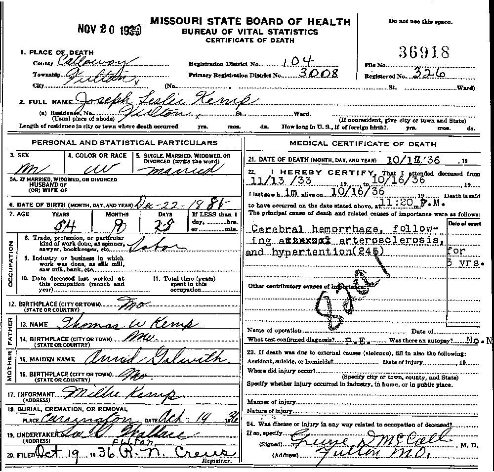 Death Certificate of Kemp, Joseph Leslie