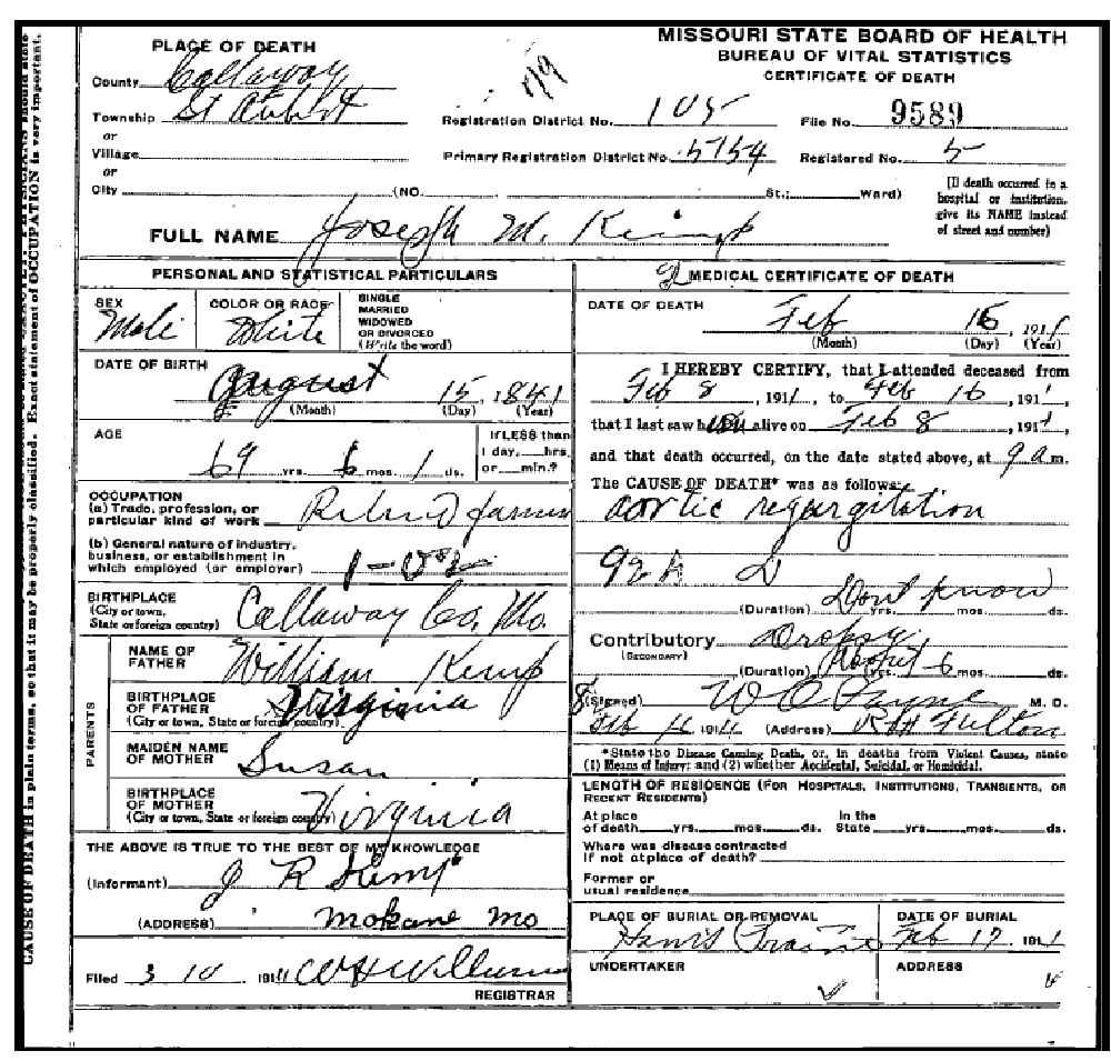 Death certificate of Kemp, Joseph