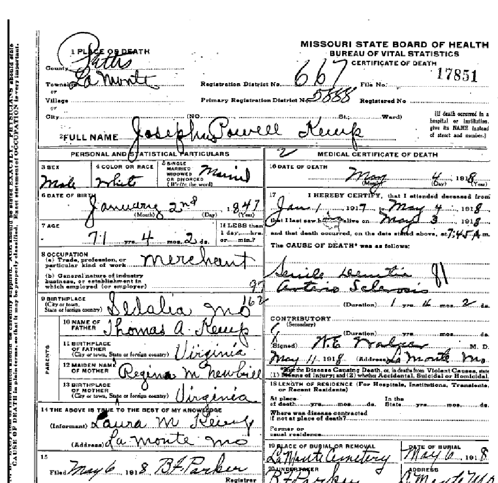 Death Certificate of Kemp, Josephus Powell