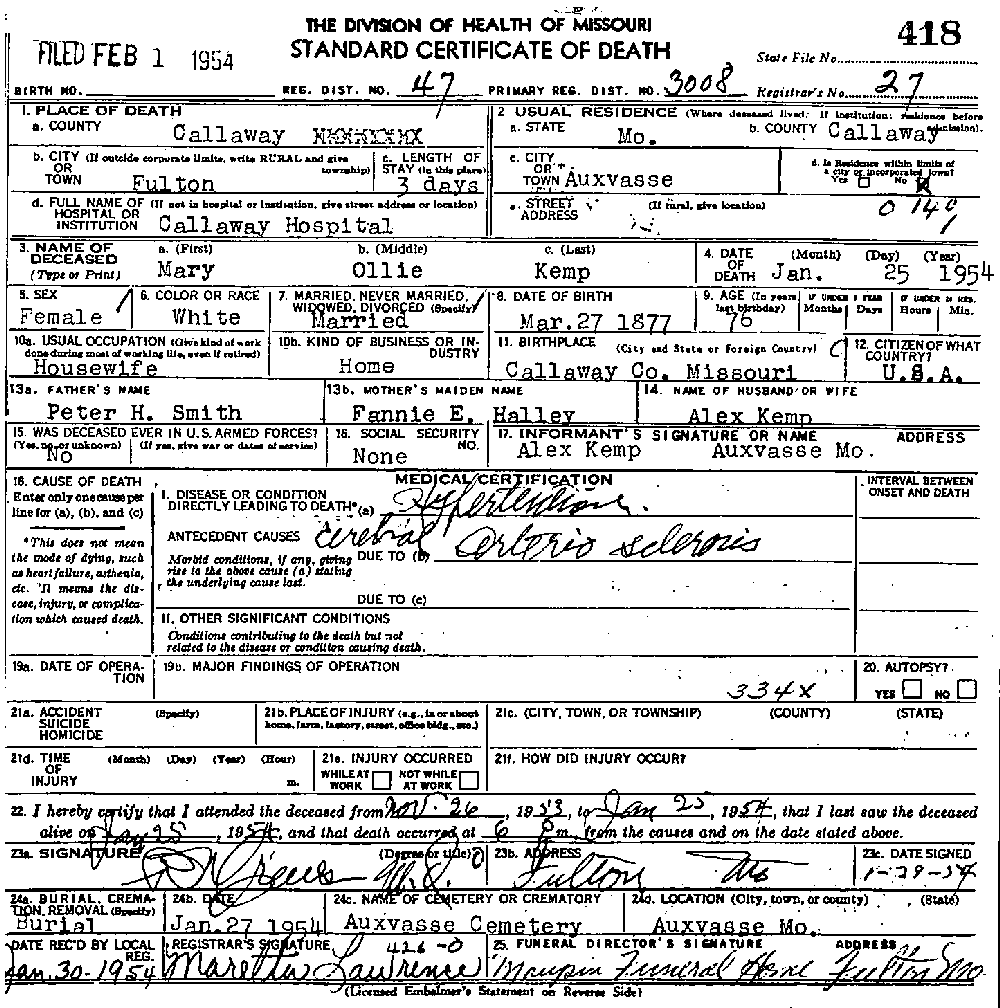 Death Certificate of Kemp, Mary Ollie Smith