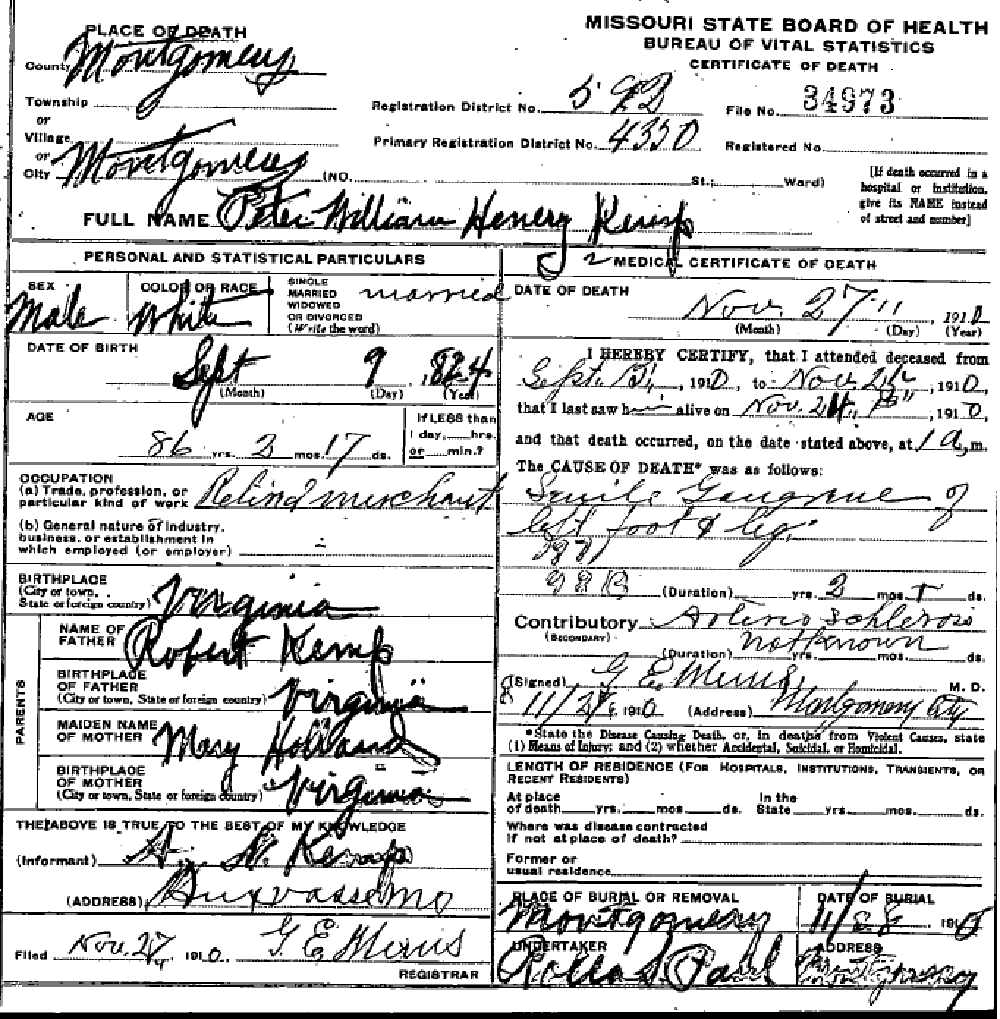 Death Certificate of Kemp, Peter William Henry