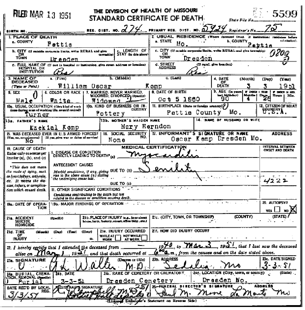 Death certificate of Kemp, William Oscar