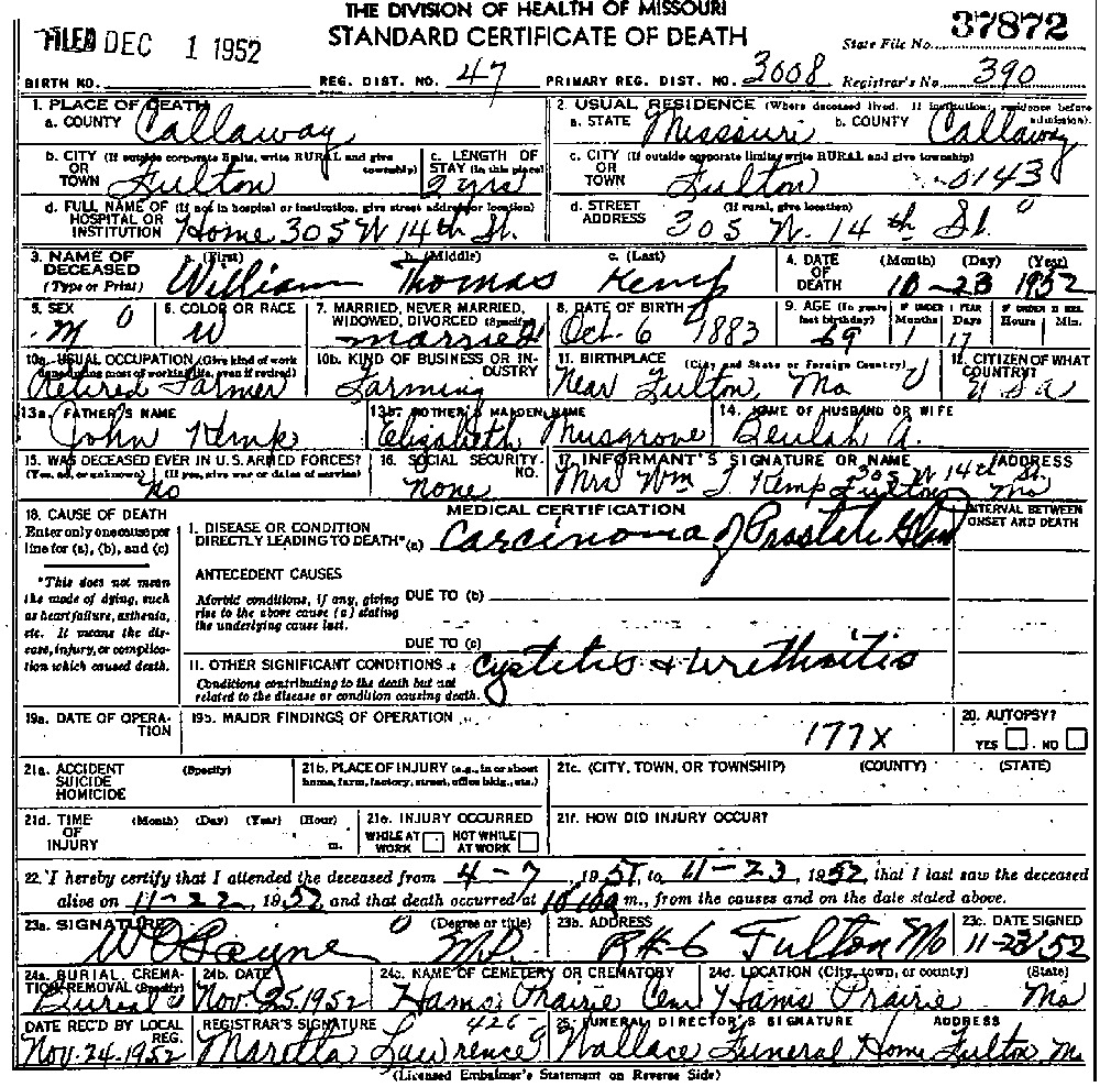 Death Certificate of Kemp, William Thomas