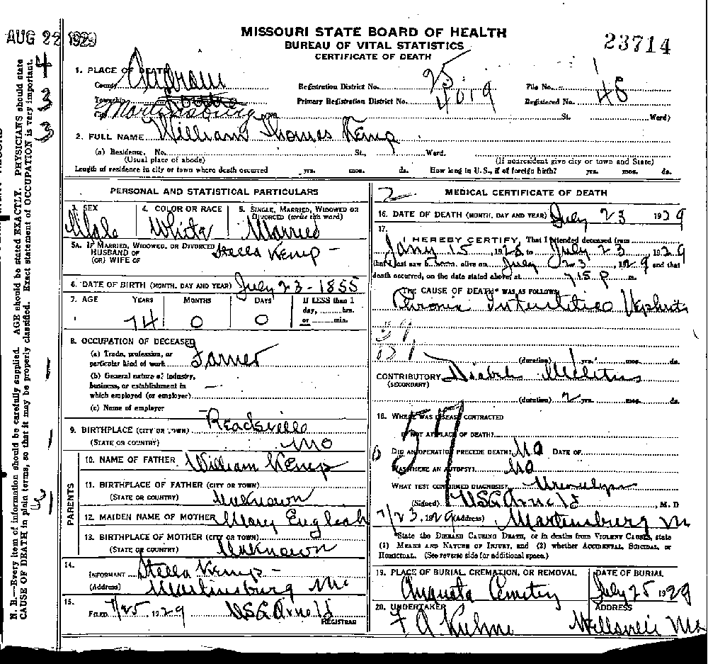 Death Certificate of Kemp, William Thomas