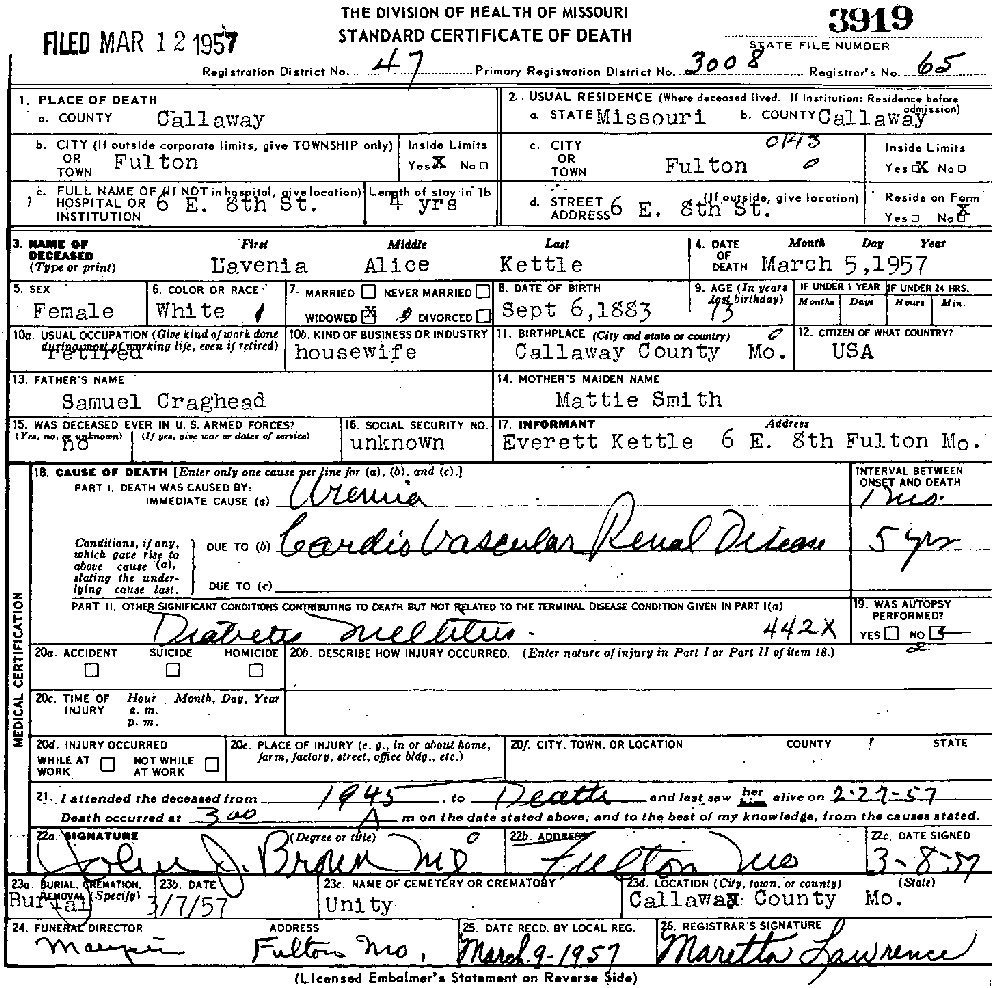 Death Certificate of Kettle, Lavenia Alice Craghead