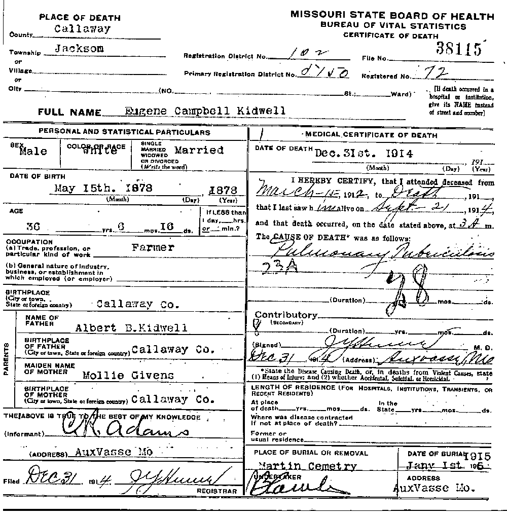 Death Certificate of Kidwell, Eugene Campbell
