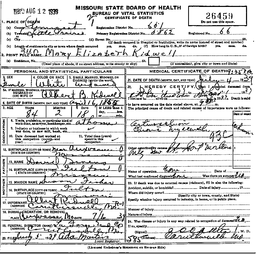 Death Certificate of Kidwell, Mary Mollie Givens