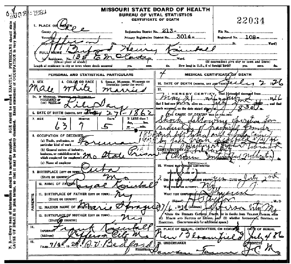 Death certificate of Kimball, Buford Henry