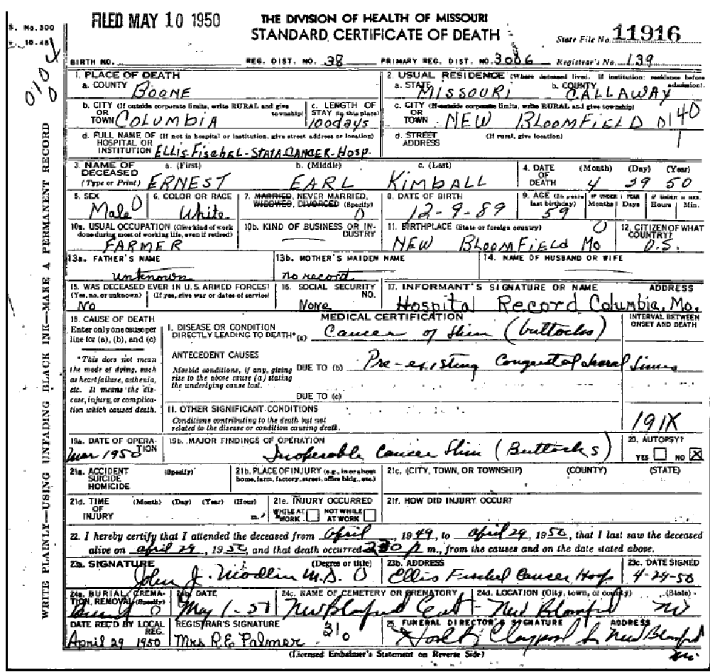 Death certificate of Kimball, Earnest Earl