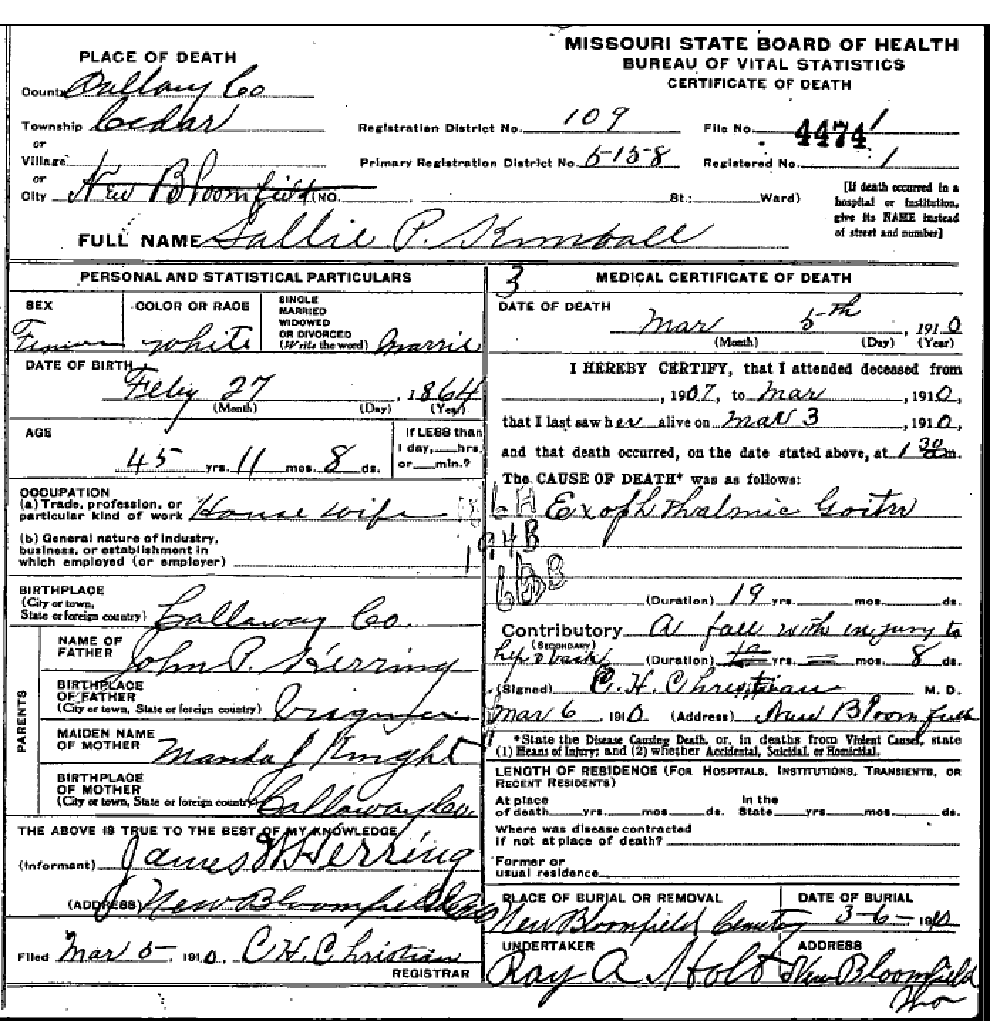 Death certificate of Kimball, Sally P. Herring