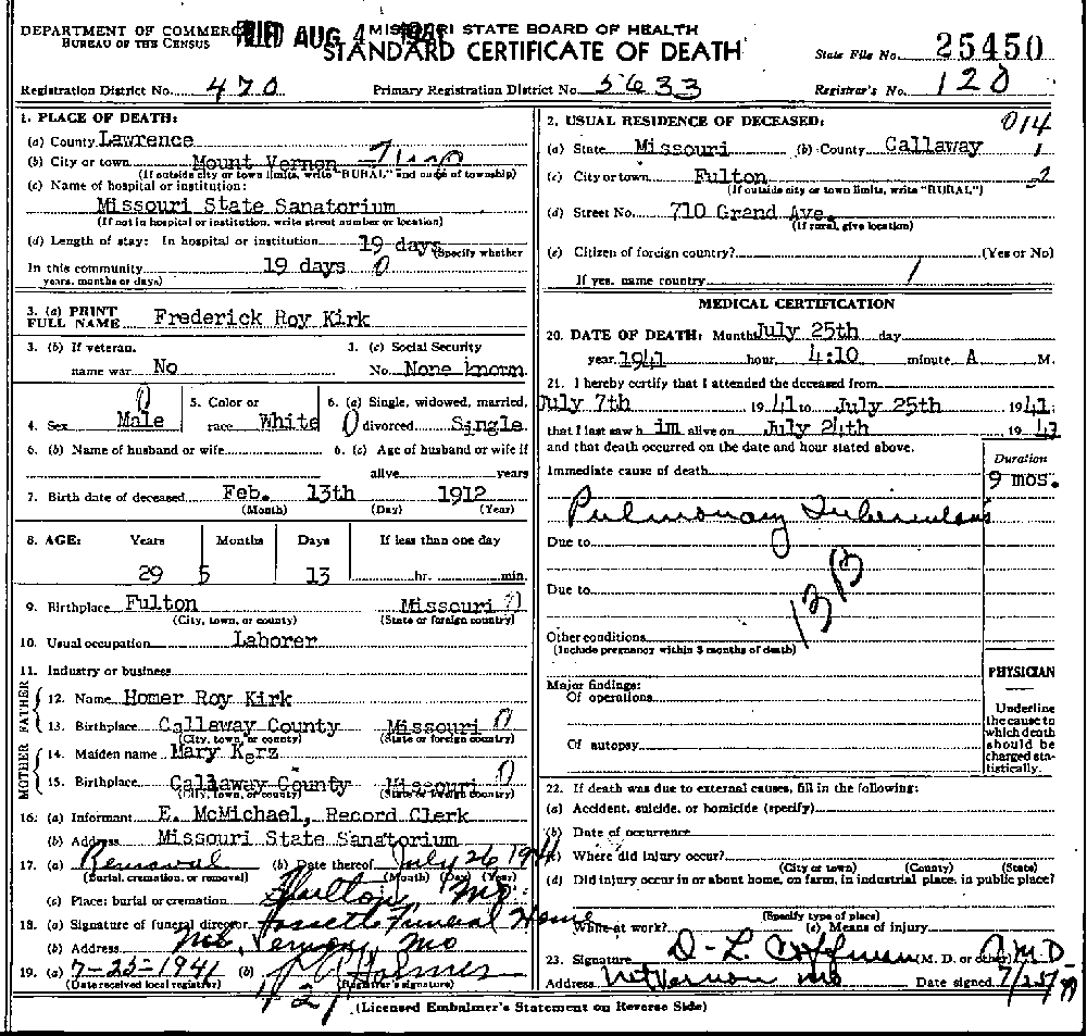 Death Certificate of Kirk, Frederich Roy
