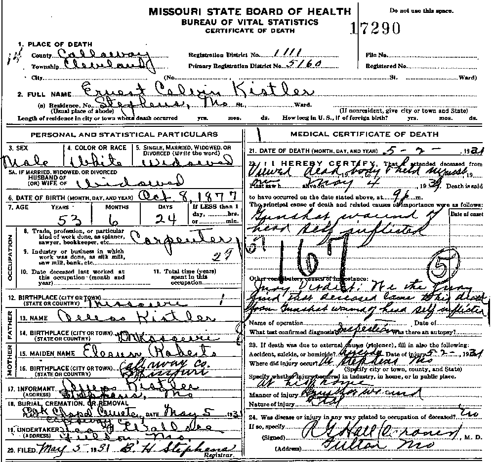 Death Certificate of Kistler, Ernest Calvin