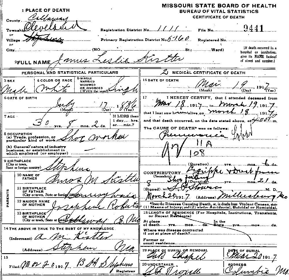 Death Certificate of Kistler, James Leslie