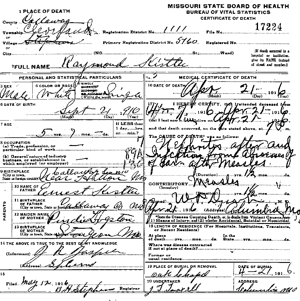 Death Certificate of Kistler, Raymond