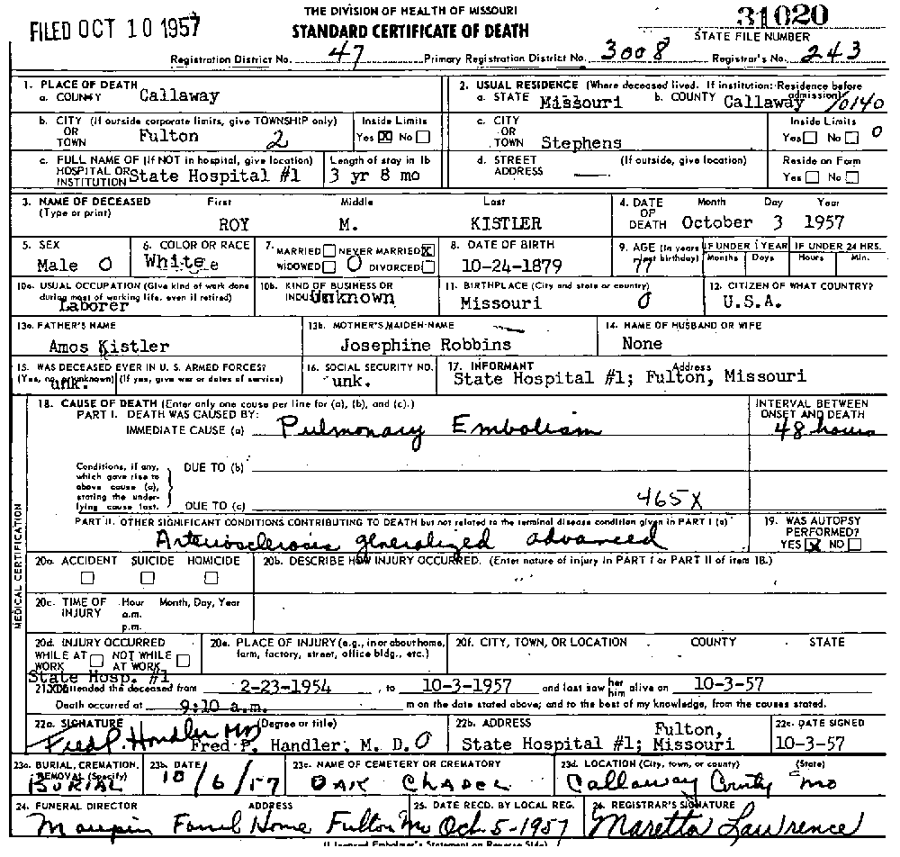 Death Certificate of Kistler, Roy M.