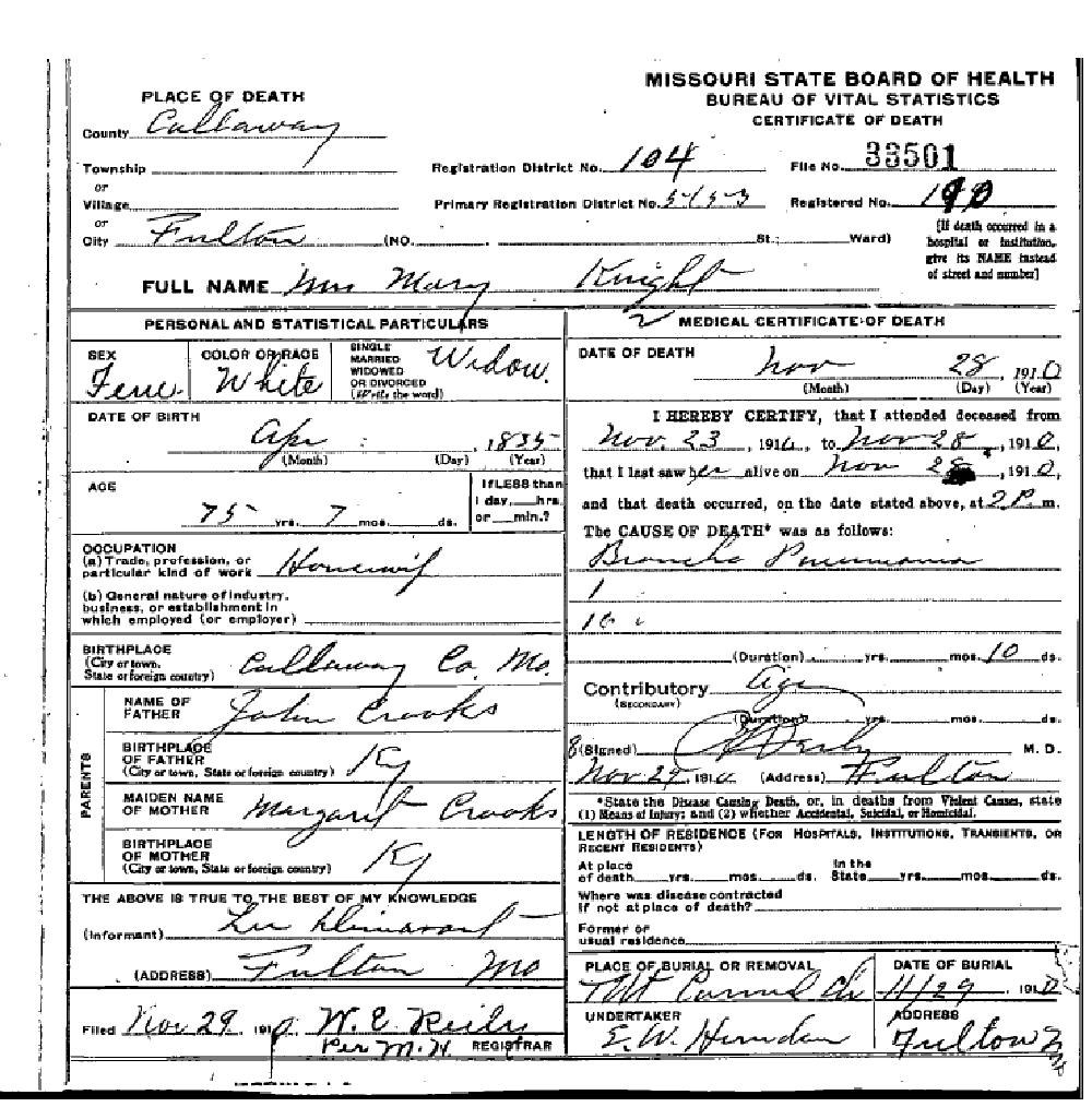 Death certificate of Knight, Mary C. Crooks