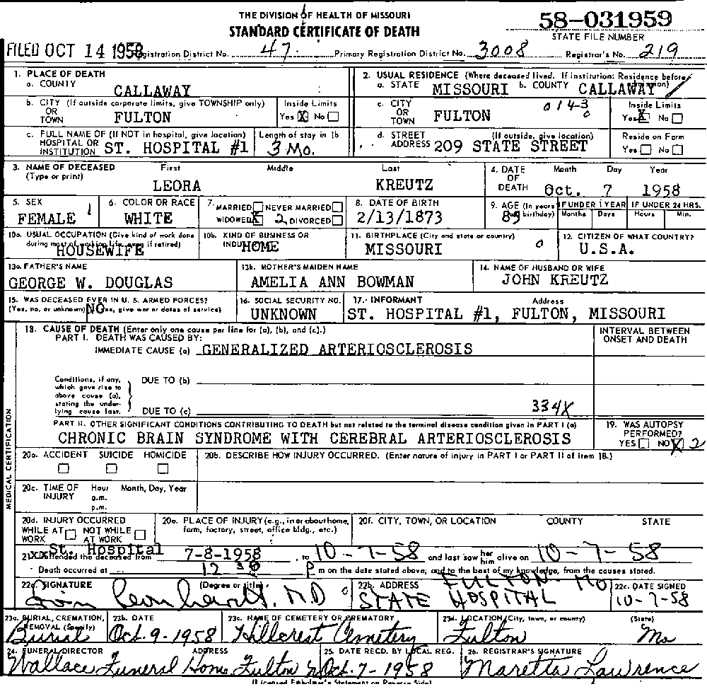 Death Certificate of Kreutz, Leora Douglass
