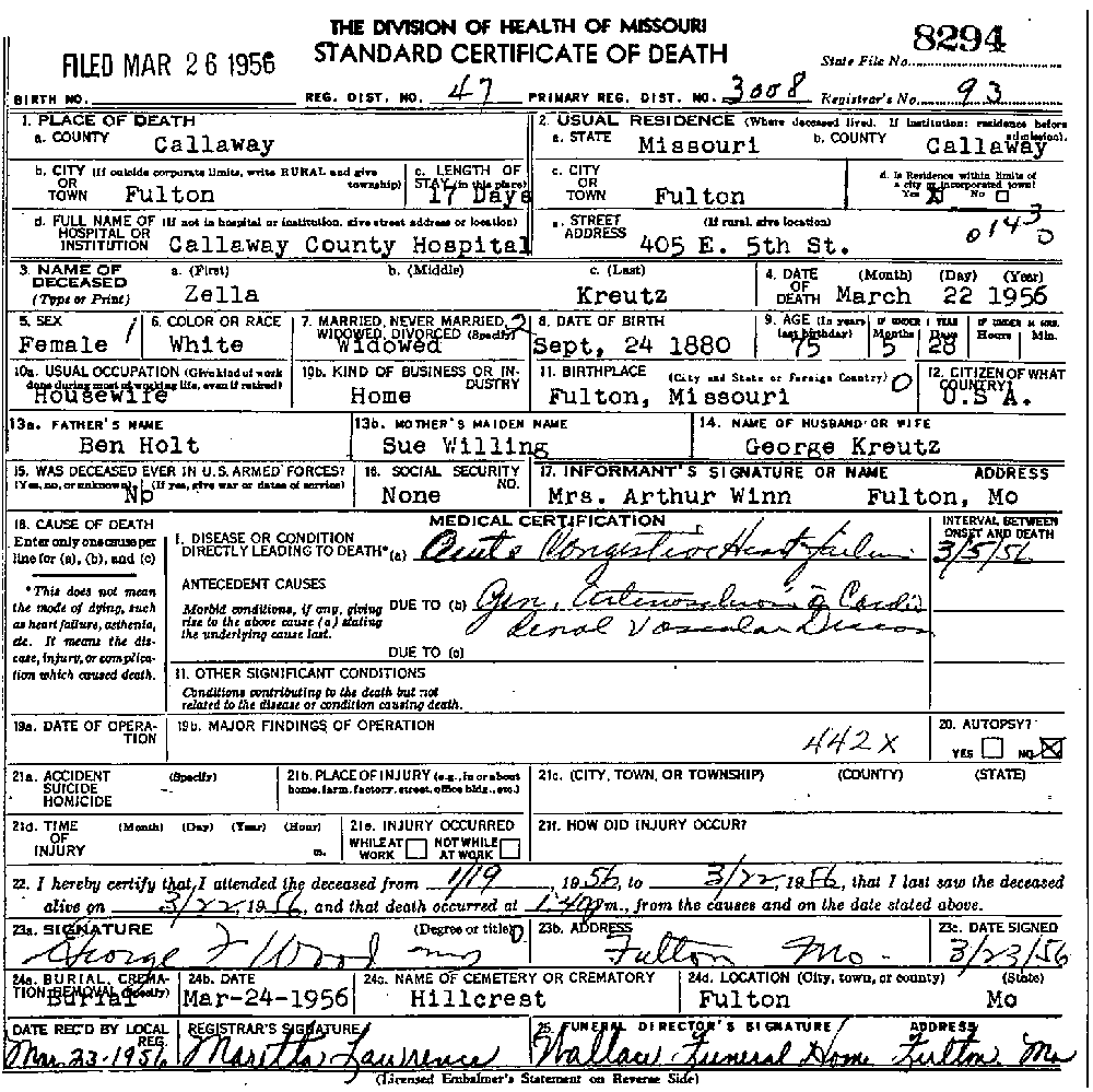 Death Certificate of Kreutz, Zella Holt
